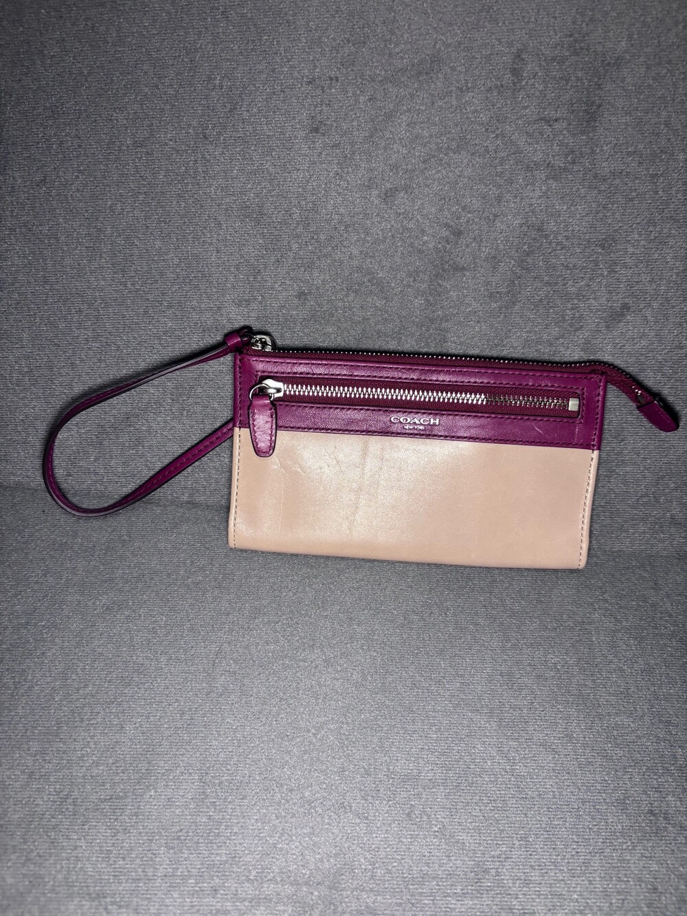 Coach Leather Wristlet Beige and Dark Pink Zippered Pouch